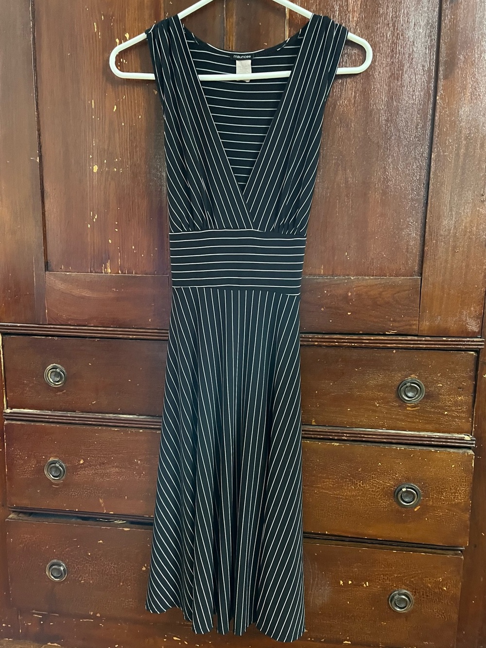 Black Pinstripe V-Neck surplice Midi Dress stretchy